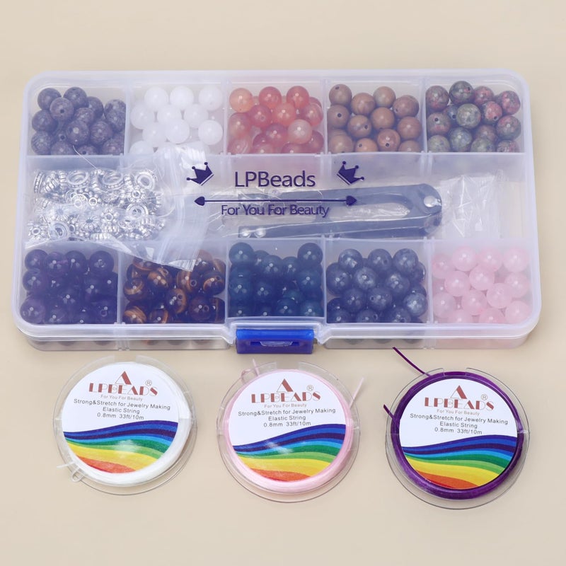 LPBeads طقم صندوق خرز الحجر 250 قطعة 8 مم كروية فضفاضة من الأحجار الكريمة الطبيعية أميثيست روز كوارتز عقيق أحمر لارفكيت لابراadorite بألوان متنوعة مع أدوات وإكسسوارات لصنع الأساور (طقم خرز الحجر الطبيعي 100% 2)  - Image 5